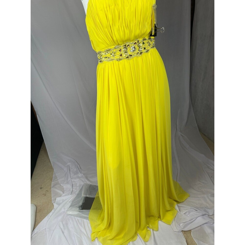 Nox Anabel Strapless Chiffon Neon Canary Yellow Jeweled Belted Maxi Gown XS NWT